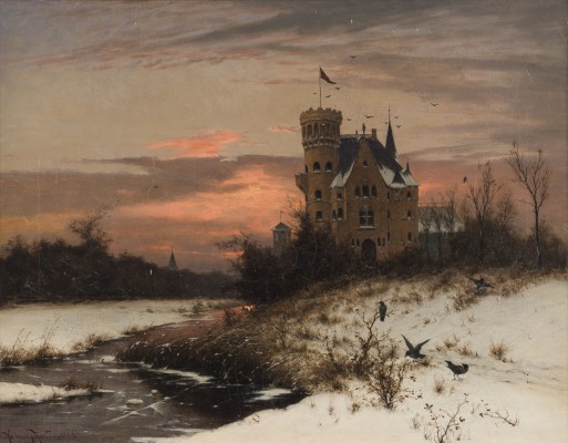 Auktion 141<br>WINTERLANDSCHAFT MIT BLICK AUF DAS SCHLOSS UND KRAHEN IM VORDERGRUND. 1883