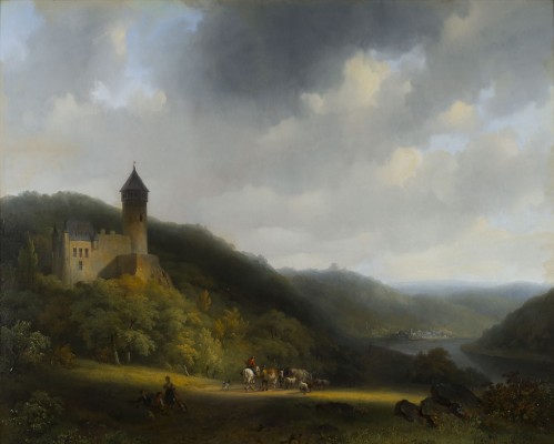 Auction 141<br>RHEINISCHE LANDSCHAFT MIT RASTENDEN HIRTEN IN DER NÄHE DES SCHLOSSES: 1835