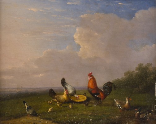 Auktion 141<br>Zwei Arbeiten: Landschaft mit Hühnern, Enten am Teich (1863)