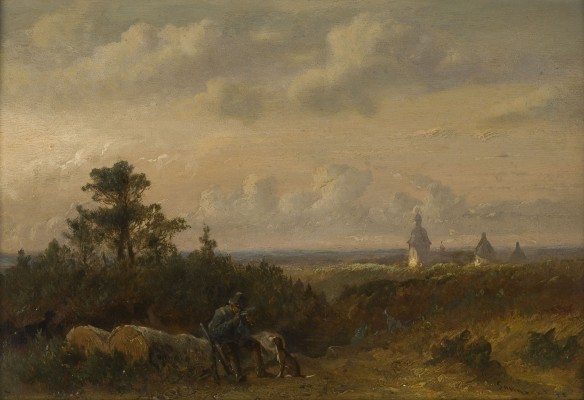 Auktion 141<br>LANDSCHAFT MIT JÄGER UND SCHLOSS MOYLAND IN DER FERNE. 1846