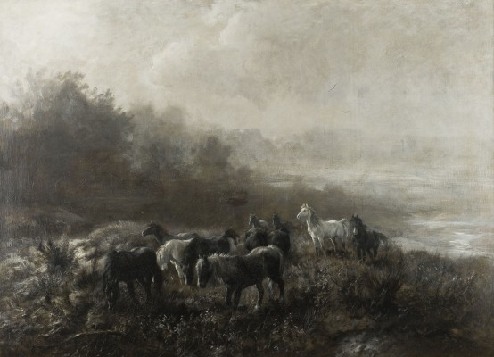 Auction 141<br>GROßFORMATIGE GRISAILLE. PFERDE IM MOORLANDSCHAFT