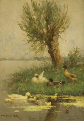 Auktion 141<br>ZWEI GEMÄLDE: ENTENFAMILIE AM WASSER. ENTE UND ENTENKÜKEN AM TEICH