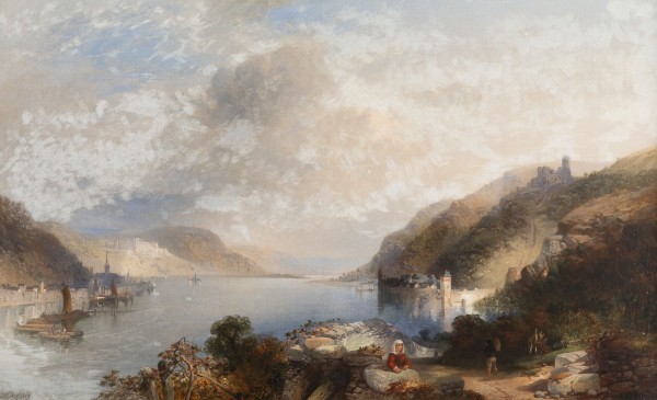 Auktion 141<br>BLICK VON SÜDEN AUF DEM RHEIN, MIT ST. GOARSHAUSEN UND BURG KATZ AUF DER RECHTEN SEITE, ST. GOAR MIT RUINE RHEINFELS AUF DER LINKEN SEITE. 1855