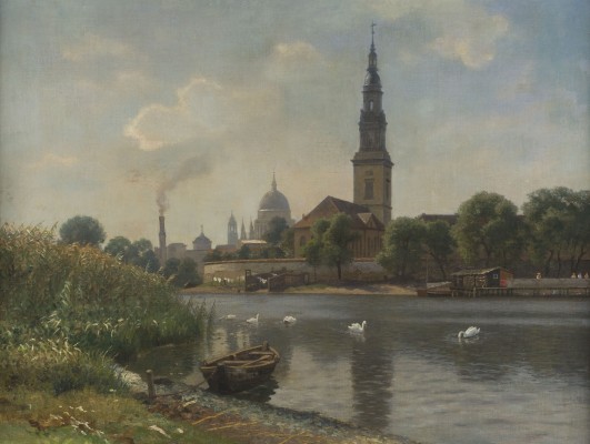 Auction 141<br>POTSDAM, ANSICHT DER HEILIG-GEIST-KIRCHE AN DER HAVEL UND DIE NIKOLAIKIRCHE IM HINTERGRUND