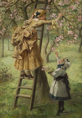 Auction 141<br>JUNGE DAME UND MÄDCHEN PFLÜCKEN BLÜMEN VON EINEM APFELBAUM IM GARTEN. 1884