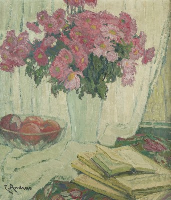 Auktion 141<br>STILLLEBEN MIT BLUMEN IN EINER VASE, BUCHERN UND APFELN