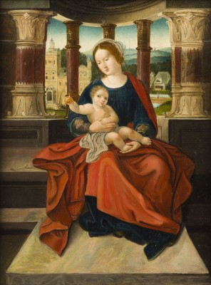 Auktion 141<br>MADONNA MIT KIND MIT BLICK AUF EINE WEITE LANDSCHAFT MIT KLOSTERKIRCHE UND BÄUERLICHEN ANWESEN