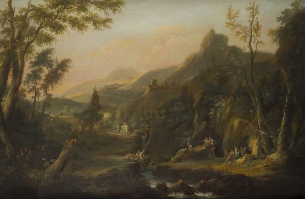 Auction 141<br>ZERKLÜFTETE FLUSSLANDSCHAFT MIT REISENDEN BEI DER MITTAGSRUHE, 1734