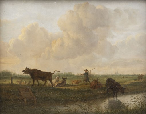 Auction 141<br>LANDSCHAFT MIT KÜHEN UND EINEM FISCHER, IM HINTERGRUND EINE STADTKULISSE