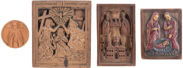 Auction 142<br>VIER IKONEN-SCHNITZEREIEN MIT DER GEBURT CHRISTI, DER KRÖNUNG DER GOTTESMUTTER, DEM HEILIGEN SERGEJ VON RADONESCH UND DEM KIEWER HÖHLENKLOSTER