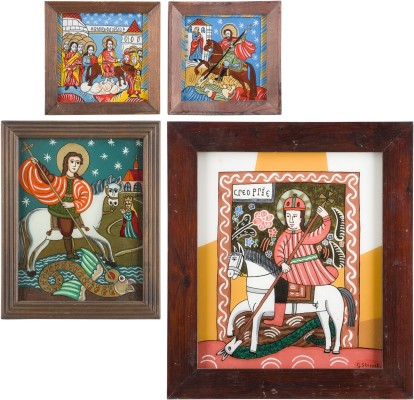 Auction 142<br>VIER HINTERGLAS-IKONEN MIT DEM EINZUG NACH JERUSALEM UND DEM HEILIGEN GEORG DEM DRACHENTÖTER