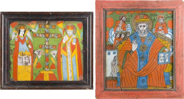 Auction 142<br>ZWEI HINTERGLAS-IKONEN MIT DEM HEILIGEN NIKOLAUS VON MYRA UND DEM ERZENGEL MICHAEL