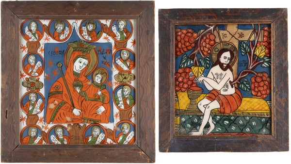 Auction 142<br>ZWEI HINTERGLAS-IKONEN: CHRISTUS DER WEINSTOCK UND DIE GOTTESMUTTER MIT PROPHETEN