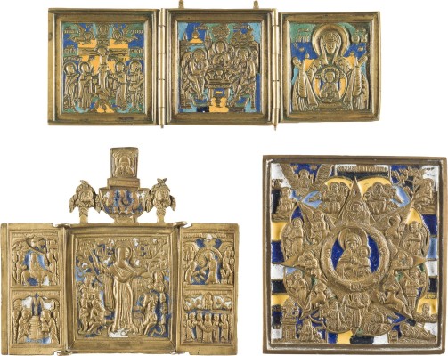 Auction 142<br>SAMMLUNG VON DREI BRONZE-IKONEN: DARTELLUNGEN DER GOTTESMUTTER, KRUZIFIX SOWIE ALTTESTAMENTLICHE DREIFALTIGKEIT