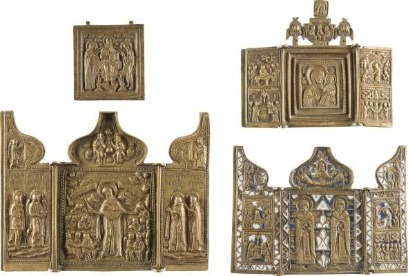 Auction 142<br>SAMMLUNG VON VIER BRONZE-IKONEN: DARSTELLUNGEN DER GOTTESMUTTER, HEILIGE BLASIUS UND AFANASIJ SOWIE DEESIS