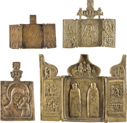 Auction 142<br>SAMMLUNG VON VIER BRONZE-IKONEN: DARSTELLUNGEN DER GOTTESMUTTER SOWIE HEILIGE BLASIUS UND AFANASIUS