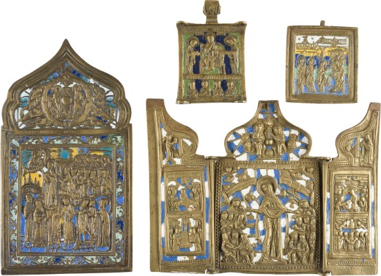 Auction 142<br>SAMMLUNG VON VIER BRONZE-IKONEN: SIGNIERTE IKONE MIT DER DARBRINGUNG CHRISTI IM TEMPEL UND IKONEN MIT DARSTELLUNGEN DER GOTTESMUTTER SOWIE DEESIS