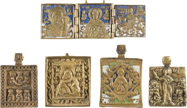 Auction 142<br>SAMMLUNG VON FÜNF BRONZE-IKONEN: DARSTELLUNGEN DER GOTTESMUTTER SOWIE EIN TRIPTYCHON