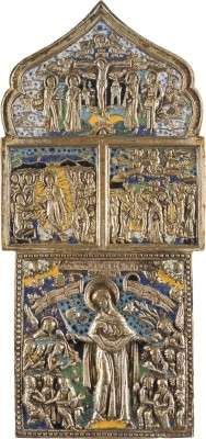 Auction 142<br>SELTENE BRONZE-IKONE MIT DARSTELLUNGEN CHRISTI SOWIE DER GOTTESMUTTER 'FREUDE ALLER LEIDENDEN'