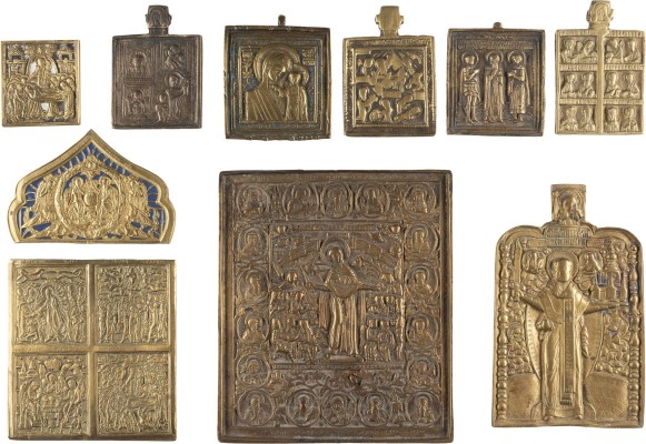 Auktion 142<br>SAMMLUNG VON ZEHN BRONZE-IKONEN: DARSTELLUNGEN DER GOTTESMUTTER, AUSGEWÄHLTE HEILIGE, FESTTAGE SOWIE EIN FRAGMENT