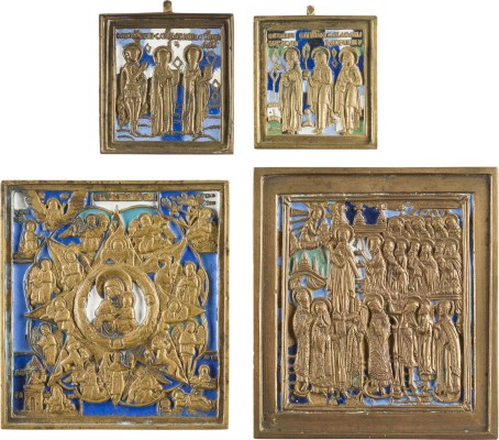 Auction 142<br>SAMMLUNG VON VIER BRONZE-IKONEN: GOTTESMUTTER 'UNVERBRENNBARER DORNBUSCH', SCHLEIERWUNDER (POKROW) SOWIE AUSGEWÄHLTE HEILIGE