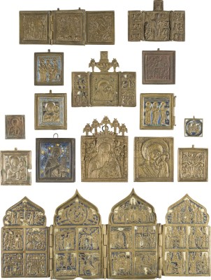 Auction 142<br>SAMMLUNG VON 15 BRONZE-IKONEN: DARSTELLUNGEN CHRISTI UND DER GOTTESMUTTER, AUSGEWÄHLTE HEILIGE UND FESTTAGE