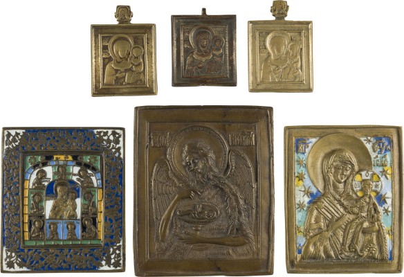 Auktion 142<br>SAMMLUNG VON SECHS BRONZE-IKONEN: GOTTESMUTTER VON SMOLENSK SOWIE JOHANNES DER VORLÄUFER AUS EINER DEESIS