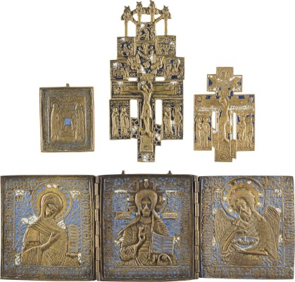 Auction 142<br>SAMMLUNG VON VIER BRONZE-IKONEN: KRUZIFIXE, HEILIGE ZOSIMA UND SAWATIJ SOWIE EIN TRIPTYCHON