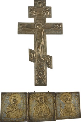 Auction 142<br>ZWEI BRONZE-IKONEN: EIN TRIPTYCHON MIT DEESIS SOWIE EIN KRUZIFIX