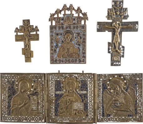 Auktion 142<br>SAMMLUNG VON VIER BRONZE-IKONEN: KRUZIFIXE, DEESIS SOWIE HEILIGER NIKOLAUS VON MYRA