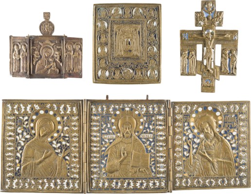 Auction 142<br>SAMMLUNG VON VIER BRONZE-IKONEN: KRUZIFIX, DEESIS, GOTTESMUTTER DER PASSION SOWIE HEILIGE ZOSIMA UND SAWATIJ