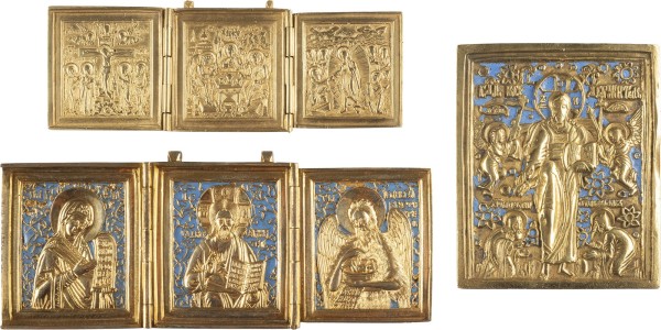 Auction 142<br>SAMMLUNG VON DREI BRONZE-IKONEN: DARSTELLUNGEN CHRISTI, ALTTESTAMENTLICHE DREIFALTIGKEIT SOWIE EIN TRIPTYCHON MIT DEESIS