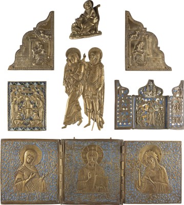 Auction 142<br>SAMMLUNG VON SIEBEN BRONZE-IKONEN: DEESIS, GOTTESMUTTER 'FREUDE ALLER LEIDENDEN', ZWEI TRAUERNDE SOWIE DREI FRAGMENTE