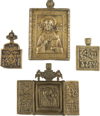 Auktion 142<br>SAMMLUNG VON VIER BRONZE-IKONEN: DARSTELLUNGEN DER GOTTESMUTTER, CHRISTUS PANTOKRATOR SOWIE GEBURT CHRISTI