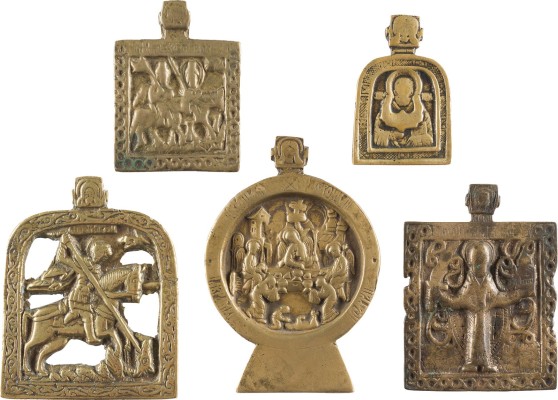 Auction 142<br>SAMMLUNG VON FÜNF BRONZE-IKONEN: AUSGEWÄHLTE HEILIGE SOWIE ALTTESTAMENTLICHE DREIFALTIGKEIT