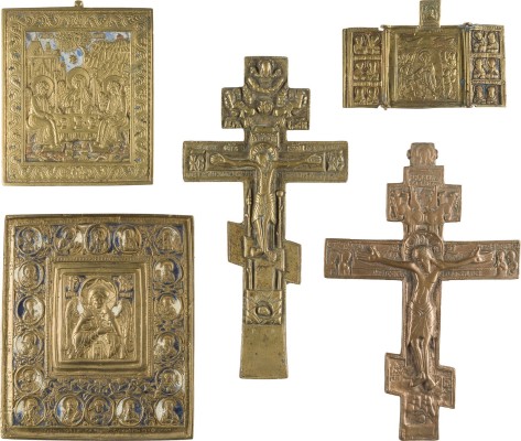 Auction 142<br>SAMMLUNG VON FÜNF BRONZE-IKONEN: DARSTELLUNGEN CHRISTI SOWIE ALTTESTAMENTLICHE DREIFALTIGKEIT