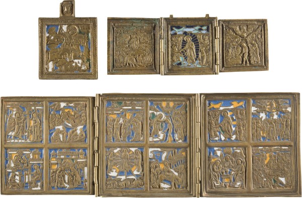 Auction 142<br>SAMMLUNG VON DREI BRONZE-IKONEN: HEILIGER GEORG DER DRACHENTÖTER UND ZWEI TRIPTYCHA MIT DARSTELLUNGEN CHRISTI UND DER GOTTESMUTTER