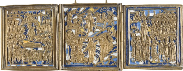 Auktion 142<br>BRONZE-TRIPTYCHON MIT DEM ENTSCHLAFEN DER GOTTESMUTTER, DER HÖLLENFAHRT UND AUFERSTEHUNG CHRISTI SOWIE DEM SCHLEIERWUNDER (POKROW)