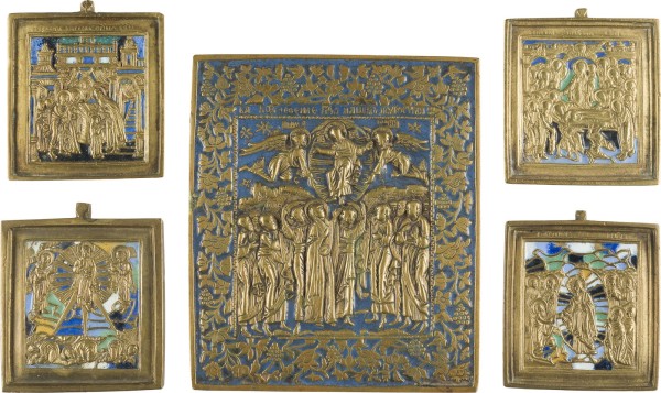 Auction 142<br>SAMMLUNG VON FÜNF BRONZE-IKONEN: DARSTELLUNGEN CHRISTI, ENTSCHLAFEN SOWIE TEMPELGANG DER GOTTESMUTTER