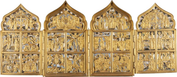 Auktion 142<br>FEINES BRONZE-TETRAPTYCHON MIT HOCHFESTEN DES ORTHODOXEN KIRCHENJAHRES