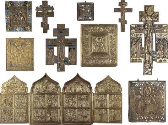 Auktion 142<br>SAMMLUNG VON ZEHN BRONZE-IKONEN: DARSTELLUNGEN CHRISTI, ALTTESTAMENTLICHE DREIFALTIGKEIT SOWIE FESTTAGE