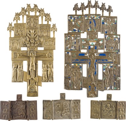 Auktion 142<br>SAMMLUNG VON FÜNF BRONZE-IKONEN: KRUZIFIXE UND AUSGEWÄHLTE HEILIGE