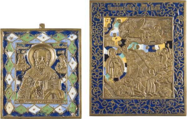 Auktion 142<br>ZWEI BRONZE-IKONEN: SIGNIERTE IKONE MIT HEILIGEM HIKOLAUS VON MYRA UND IKONE MIT DEM PROPHETEN ELIAS UND SEINER FEURIGEN HIMMELFAHRT