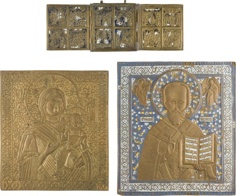 Auction 142<br>SAMMLUNG VON DREI BRONZE-IKONEN: GOTTESMUTTER VON SMOLENSK, HEILIGER NIKOLAUS VON MYRA SOWIE EIN TRIPTYCHON MIT FESTTAGEN