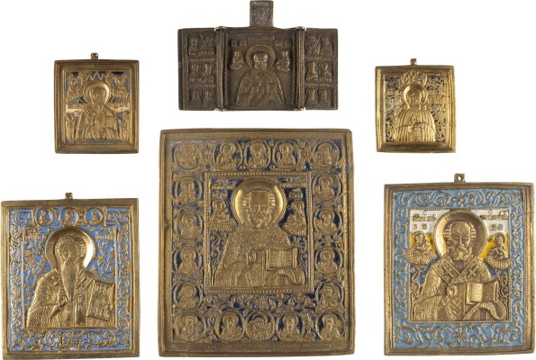 Auktion 142<br>SAMMLUNG VON SECHS BRONZE-IKONEN: HEILIGE NIKOLAUS VON MYRA, ANTIPAS SOWIE SERGEJ VON RADONESCH