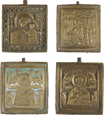 Auktion 142<br>SAMMLUNG VON VIER BRONZE-IKONEN: HÖLLENFAHRT CHRISTI, GOTTESMUTTER VON KASAN SOWIE HEILIGER NIKOLAUS VON MYRA