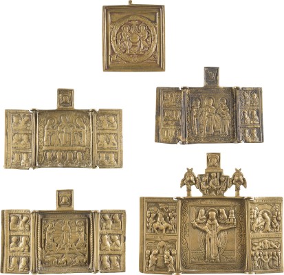 Auktion 142<br>SAMMLUNG VON FÜNF BRONZE-IKONEN: AUSGEWÄHLTE HEILIGE, DARSTELLUNGEN CHRISTI SOWIE NEUTESTAMENTLICHE DREIFALTIGKEIT