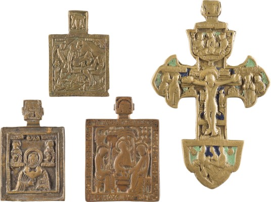 Auction 142<br>SAMMLUNG VON VIER BRONZE-IKONEN: AUSGEWÄHLTE HEILIGE, KRUZIFIX UND ALTTESTAMENTLICHE DREIFALTIGKEIT