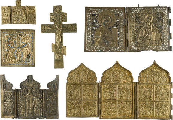 Auktion 142<br>SAMMLUNG VON SECHS BRONZE-IKONEN: DARSTELLUNGEN CHRISTI, DEESIS, FESTTAGE SOWIE HEILIGER NIKOLAUS