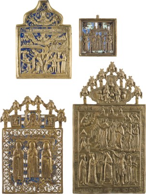 Auction 142<br>SAMMLUNG VON VIER BRONZE-IKONEN: SCHLEIERWUNDER (POKROW), GEBURT UND ENTHAUPTUNG JOHANNES DES VORLÄUFERS, ERHÖHUNG DES WAHREN KRUZES SOWIE AUSGEWÄHLTE HEILIGE